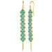 A pair of long turquoise earrings features a woven lattice pattern and two dangling chains at the bottom of the earring. The earrings fasten with french hook closures.