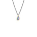 Small 18k yellow gold and opal pendant on an oxidized sterling silver chain on a white background. 