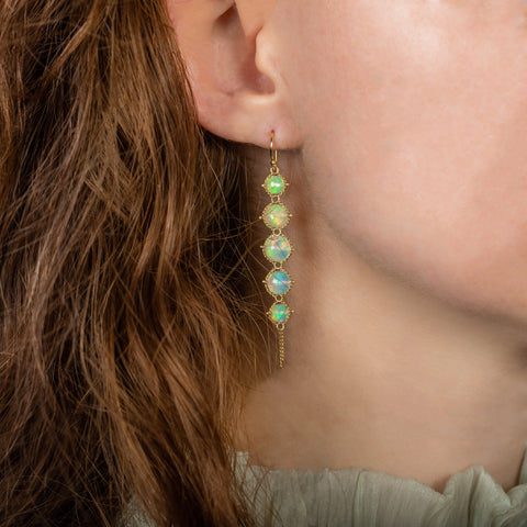 Long Textile Earrings in Faceted Opal