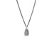 A teardrop shaped Australian opal with blue and pink hues is set in 18k yellow gold and hangs from an oxidized sterling silver chain