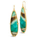 A pair of large elongated teardrop shaped opal and petrified wood stone earrings are set in an 18k yellow gold chain wrapped bezel with four beaded prongs. The stones hang from French hook closures.