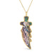 A large andamooka opal stone is carved into the shape of a dagger and set in an 18k yellow gold chain wrapped bezel. The pendant hangs on a long delicate chain.