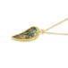 This leaf carved Andamooka opal pendant is set in an 18k yellow gold chain wrapped bezel. The pendant hangs from a delicate chain.