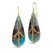 A pair of large teardrop shaped blue quartz stones are draped in 18k yellow gold chain with blue diamonds. The stones hang from french hook closures. 