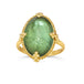 A large faceted oval shaped green tourmaline stone is set in an 18k yellow gold chain wrapped bezel with four beaded prongs that sits on a thin ring band