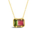 This rectangular pink and green watermelon tourmaline necklace is set in an 18k yellow gold chain wrapped bezel with four beaded prongs. The stone is suspended on a delicate chain.