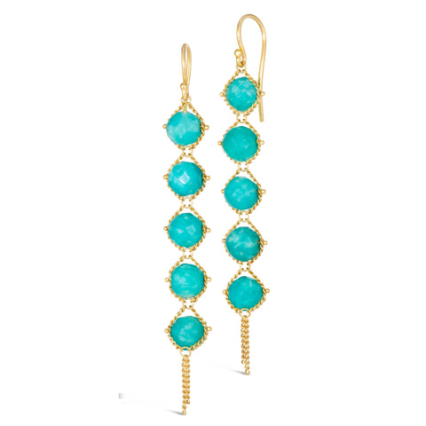 This pair of long Amazonite stone earrings are wrapped in 18k yellow gold chain that hangs from a French hook closure.