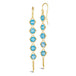A pair of long 18k yellow gold earrings are crafted with five blue topaz beads suspended in delicate chain. The earrings are fastened with French hook closures.