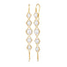 A pair of long 18k yellow gold earrings are crafted with graduated white pearls suspended in delicate chain. The earrings are fastened with French hook closures.