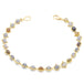 This 18k yellow gold bracelet features multi-colored diamond beads woven throughout a delicate chain. The bracelet features a lobster clasp closure.
