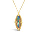 An irregular oval shaped opal and wood pendant is set in an 18k yellow gold chain wrapped bezel with four beaded prongs. The pendant hangs on a short delicate chain.