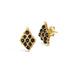 A pair of 18k yellow gold earrings is crafted with black diamonds woven into a diamond lattice pattern with delicate chain that is fastened with a post closure.
