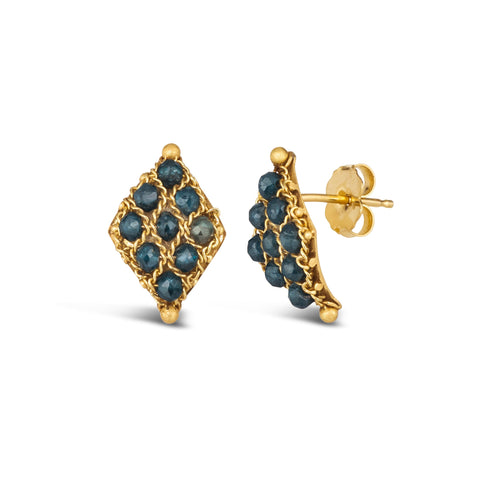 A pair of 18k yellow gold earrings is crafted with blue diamonds woven into a diamond lattice pattern with delicate chain that is fastened with a post closure.