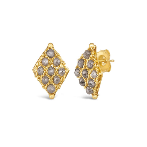 A pair of 18k yellow gold earrings is crafted with grey diamonds woven into a diamond lattice pattern with delicate chain that is fastened with a post closure.