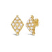 A pair of 18k yellow gold earrings is crafted with white pearls woven into a diamond lattice pattern with delicate chain that is fastened with a post closure.