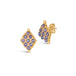 A pair of 18k yellow gold earrings is crafted with tanzanite stones woven into a diamond lattice pattern with delicate chain that is fastened with a post closure.