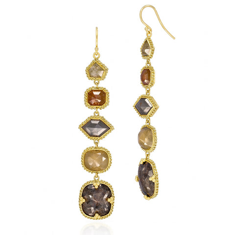 This pair of long 18k yellow gold and diamond earrings features five multicolored diamonds in chain wrapped bezels. The earrings fasten with a French hook closure.