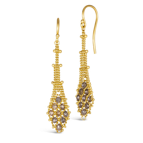 A pair of 18k yellow gold earrings is crafted with champagne diamonds woven into a diamond lattice pattern with delicate chain that is suspended from a french hook closure.