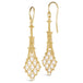 A pair of 18k yellow gold earrings is crafted with white pearls woven into a diamond lattice pattern with delicate chain that is suspended from a french hook closure.