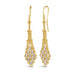 A pair of 18k yellow gold earrings is crafted with silver diamonds woven into a diamond lattice pattern with delicate chain that is suspended from a french hook closure.