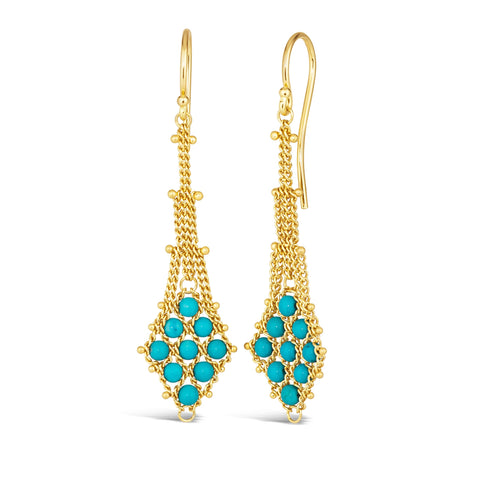A pair of 18k yellow gold earrings is crafted with turquoise stones woven into a diamond lattice pattern with delicate chain that is suspended from a french hook closure.