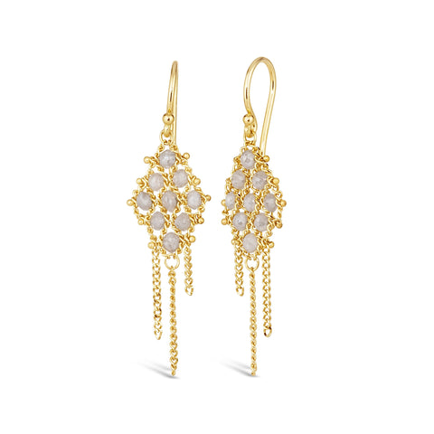 Small silver diamonds are woven with 18k yellow gold chain in a diamond lattice pattern and have three dangling chains. The earrings are fastened with french hook closures.
