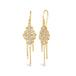 Small silver diamonds are woven with 18k yellow gold chain in a diamond lattice pattern and have three dangling chains. The earrings are fastened with french hook closures.
