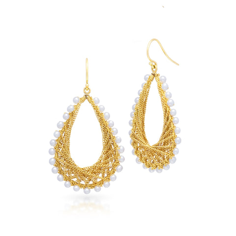 This pair of 18k yellow gold teardrop shaped earrings feature woven chains criss-crossing and small white pearls along the outside. The earrings are finished with French hook closures.